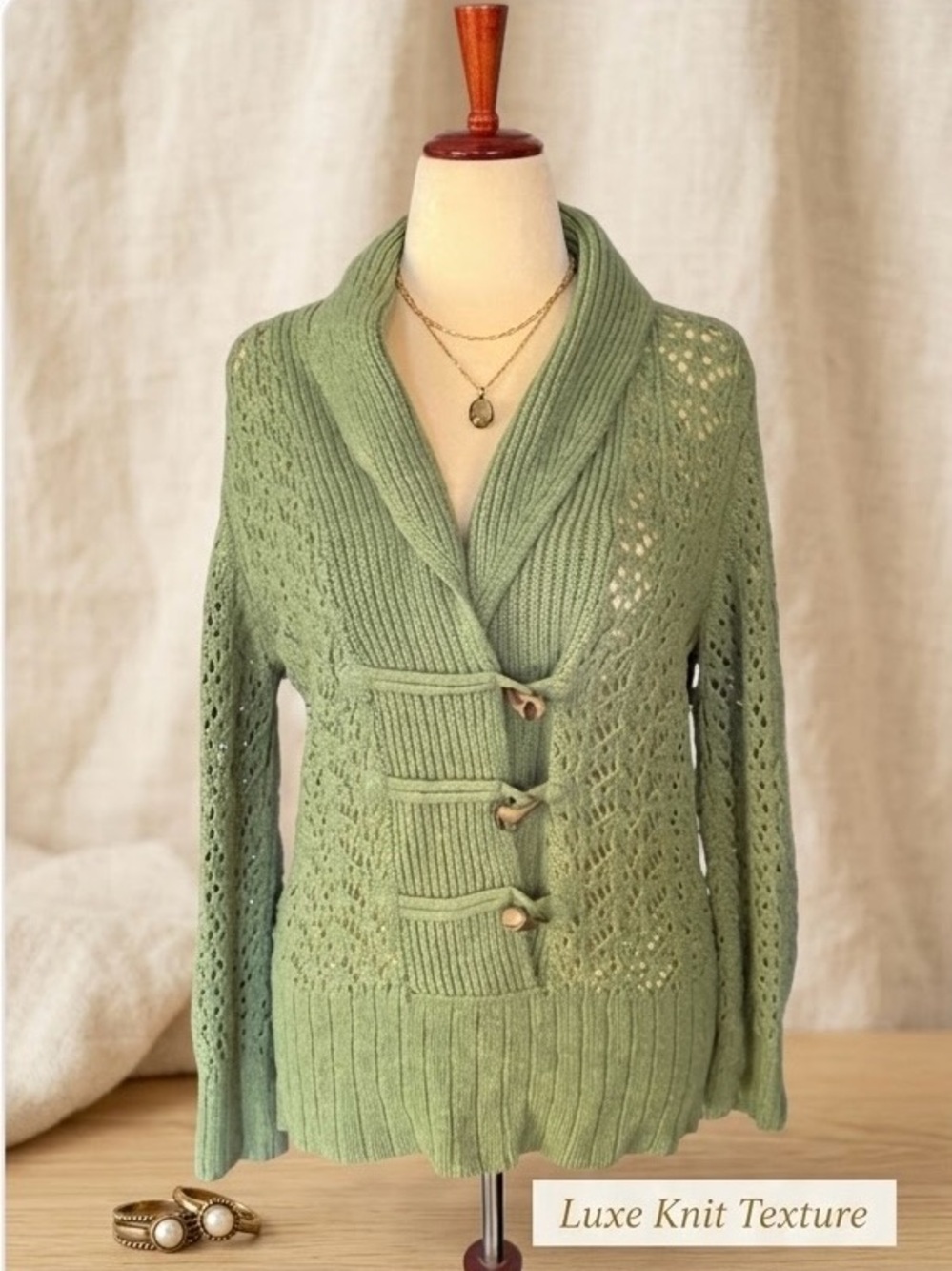 Old Navy Olive Green/Sage Green Open Knit Toggle Shawl Cardigan (XXL)